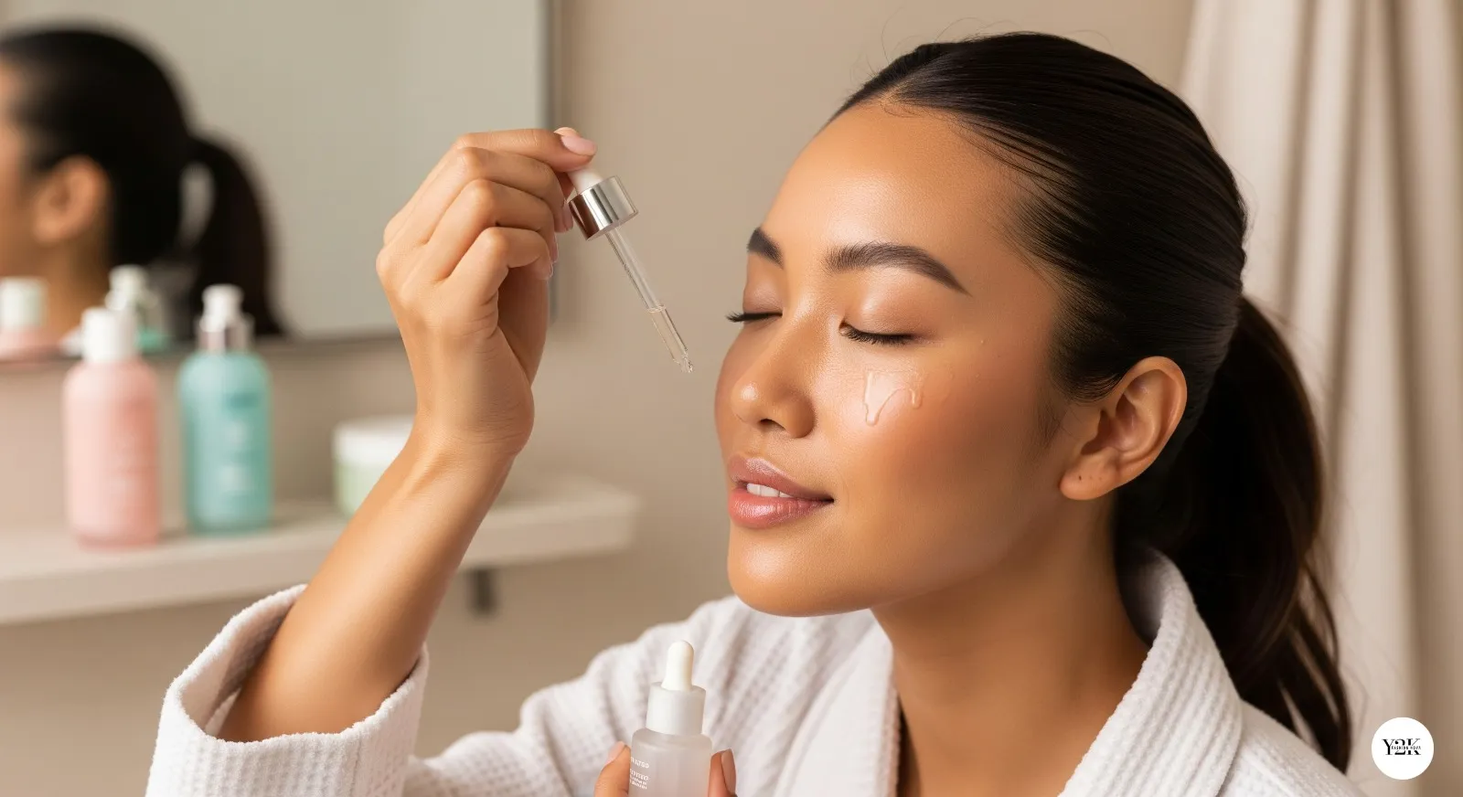 Person applying a skincare product in a cozy bathroom, showcasing glowing skin that supports facial harmony and natural beauty.